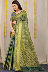 Unveiled Elegance Golden Worked Forest Green Heavy Banarasi Saree